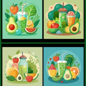 Healthy Organic Food Vector Set with Green Detox Smoothie Avocado Fresh Fruits and Vegetables
