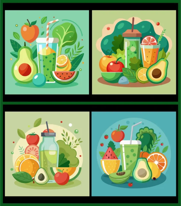 Healthy Organic Food Vector Set with Green Detox Smoothie Avocado Fresh Fruits and Vegetables