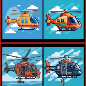 Emergency Search and Rescue Helicopter Flying in Sky Technical Vector Illustration Set with Pilot and Hoist Operation