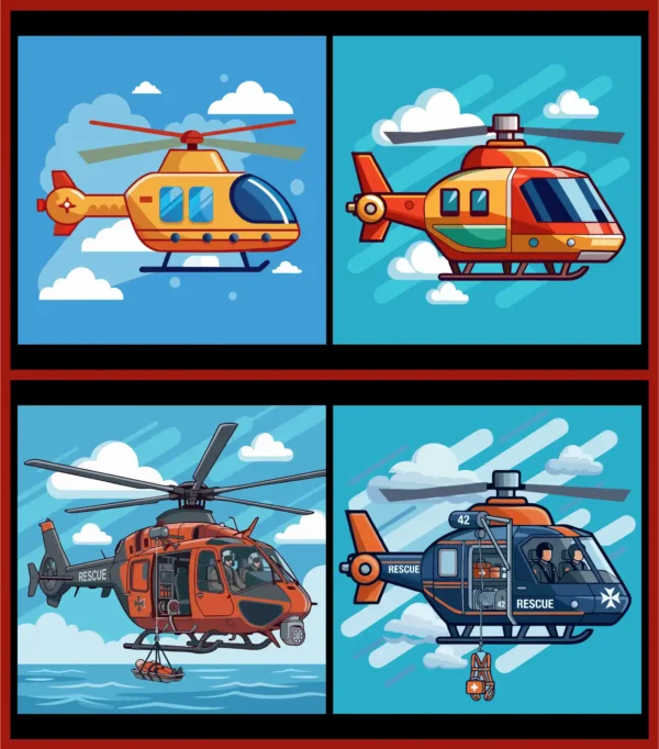 Emergency Search and Rescue Helicopter Flying in Sky Technical Vector Illustration Set with Pilot and Hoist Operation