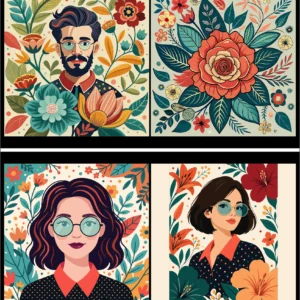 Hipster Man & Women Portrait and Vintage Floral Pattern Vector Set with Retro Botanical Flowers Leaves and Glasses