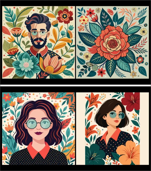 Hipster Man & Women Portrait and Vintage Floral Pattern Vector Set with Retro Botanical Flowers Leaves and Glasses