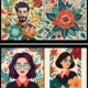 Hipster Man & Women Portrait and Vintage Floral Pattern Vector Set with Retro Botanical Flowers Leaves and Glasses