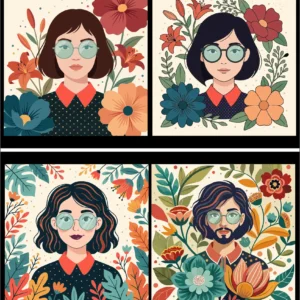 Hipster Man & Women Portrait and Vintage Floral Pattern Vector Set with Retro Botanical Flowers Leaves and Glasses