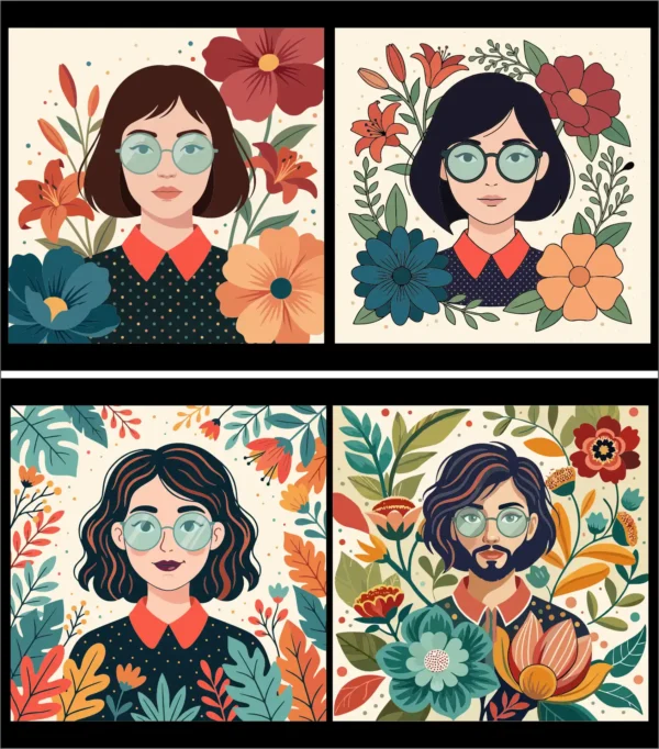 Hipster Man & Women Portrait and Vintage Floral Pattern Vector Set with Retro Botanical Flowers Leaves and Glasses
