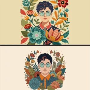 Hipster Man Portrait and Vintage Floral Pattern Vector Set with Retro Botanical Flowers Leaves and Glasses