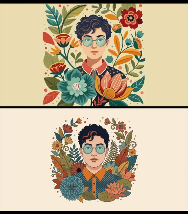 Hipster Man Portrait and Vintage Floral Pattern Vector Set with Retro Botanical Flowers Leaves and Glasses