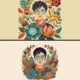 Hipster Man Portrait and Vintage Floral Pattern Vector Set with Retro Botanical Flowers Leaves and Glasses