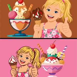 Happy Girl Holding Ice Cream Cone with Thumbs Up and Delicious Sundae Toppings Vector Illustration Set