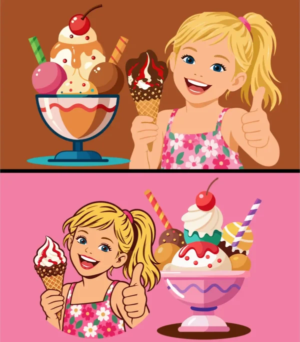 Happy Girl Holding Ice Cream Cone with Thumbs Up and Delicious Sundae Toppings Vector Illustration Set
