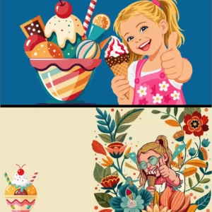 Happy Girl Holding Ice Cream Cone with Thumbs Up and Delicious Sundae Toppings Vector Illustration Set - 02
