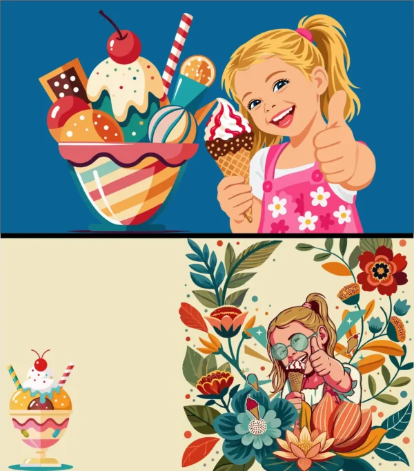 Happy Girl Holding Ice Cream Cone with Thumbs Up and Delicious Sundae Toppings Vector Illustration Set - 02