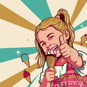 Happy Girl Holding Ice Cream Cone with Thumbs Up and Delicious Sundae Toppings Vector Illustration