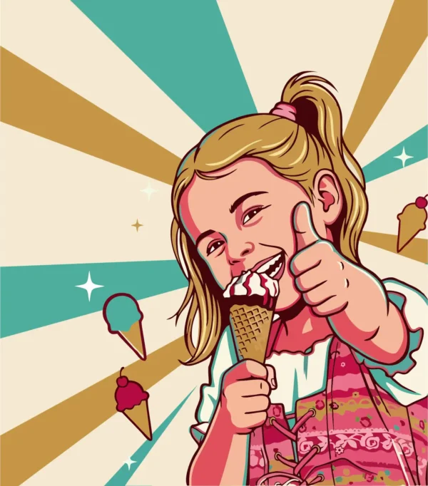 Happy Girl Holding Ice Cream Cone with Thumbs Up and Delicious Sundae Toppings Vector Illustration