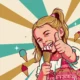 Happy Girl Holding Ice Cream Cone with Thumbs Up and Delicious Sundae Toppings Vector Illustration