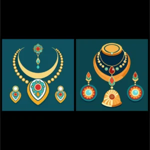 Elegant Gold Jewelry Set Vector Illustration with Necklace Pendant Earrings and Traditional Indian Bridal Accessories
