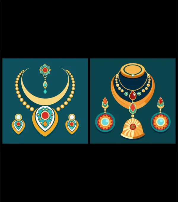 Elegant Gold Jewelry Set Vector Illustration with Necklace Pendant Earrings and Traditional Indian Bridal Accessories