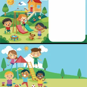Happy Kids Playing in Outdoor Playground Vector Illustration with Slide Playhouse and Copy Space