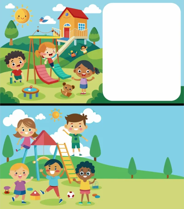 Happy Kids Playing in Outdoor Playground Vector Illustration with Slide Playhouse and Copy Space