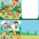 Happy Kids Playing in Outdoor Playground Vector Illustration with Slide Playhouse and Copy Space