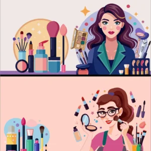 Makeup Artist and Beauty Cosmetics Set with Brushes Lipstick Eyeshadow Palette and Face Accessories Vector Illustration