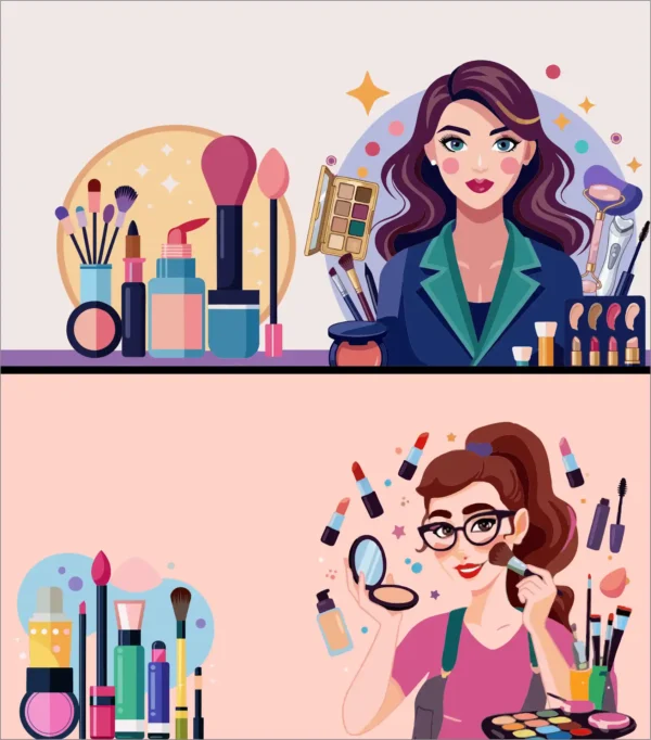 Makeup Artist and Beauty Cosmetics Set with Brushes Lipstick Eyeshadow Palette and Face Accessories Vector Illustration