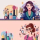 Makeup Artist and Beauty Cosmetics Set with Brushes Lipstick Eyeshadow Palette and Face Accessories Vector Illustration