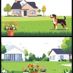 Suburban Houses with Happy Dogs Vector Background Set - 02