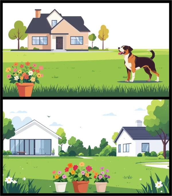 Suburban Houses with Happy Dogs Vector Background Set - 02