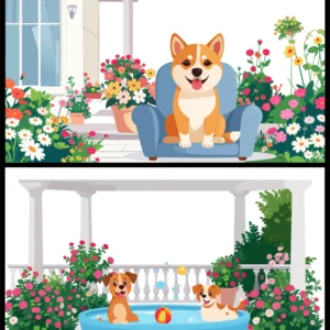 Happy Dogs Backyard & Patio Scenes Vector Set