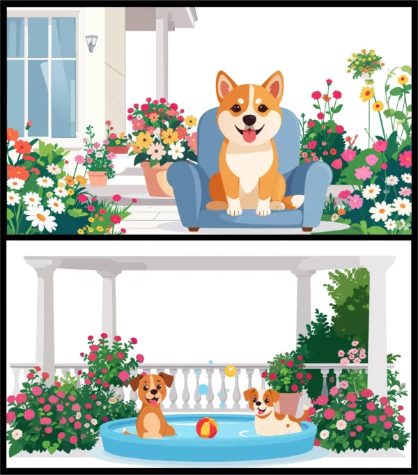 Happy Dogs Backyard & Patio Scenes Vector Set