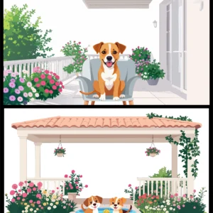 Cute Dogs Garden & Pool Day Vector Illustration