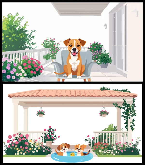 Cute Dogs Garden & Pool Day Vector Illustration