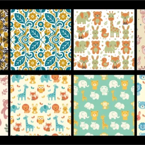 Cute Baby Animals & Floral Seamless Pattern Vector Bundle