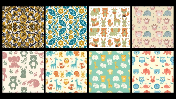 Cute Baby Animals & Floral Seamless Pattern Vector Bundle