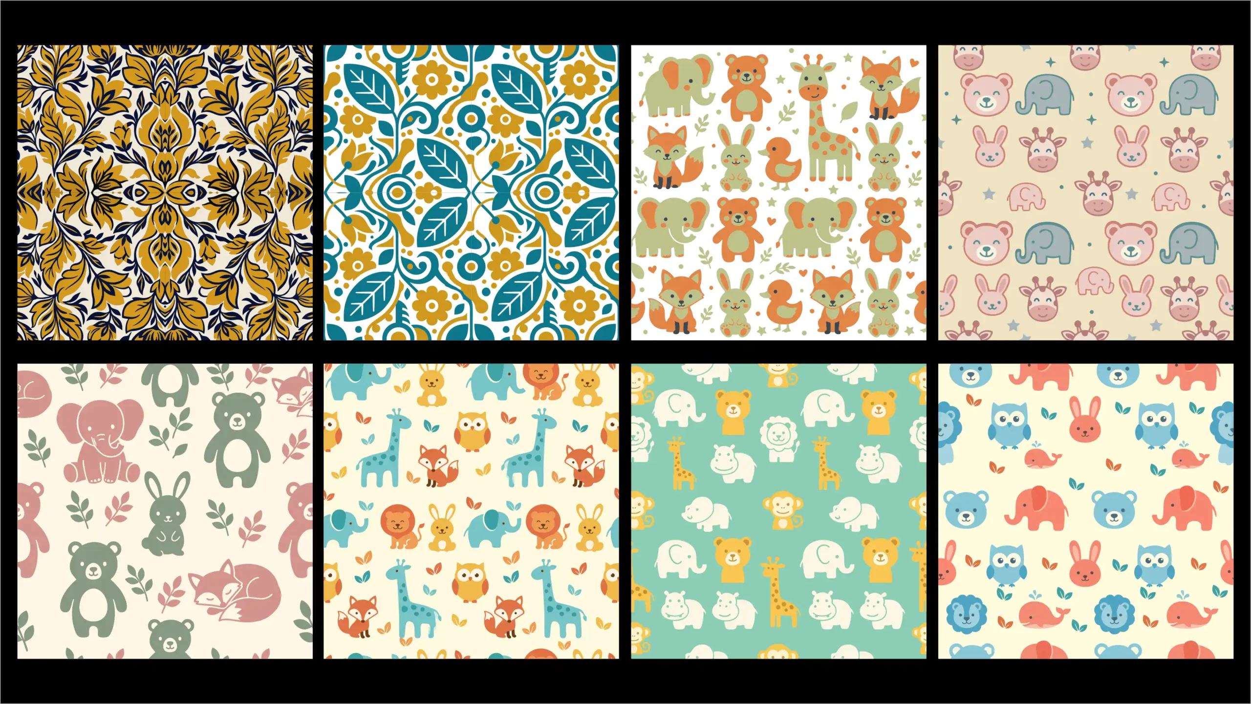 Cute Baby Animals & Floral Seamless Pattern Vector Bundle