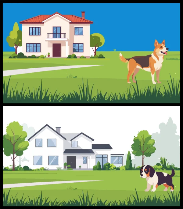 Suburban Houses with Happy Dogs Vector Background Set - 01